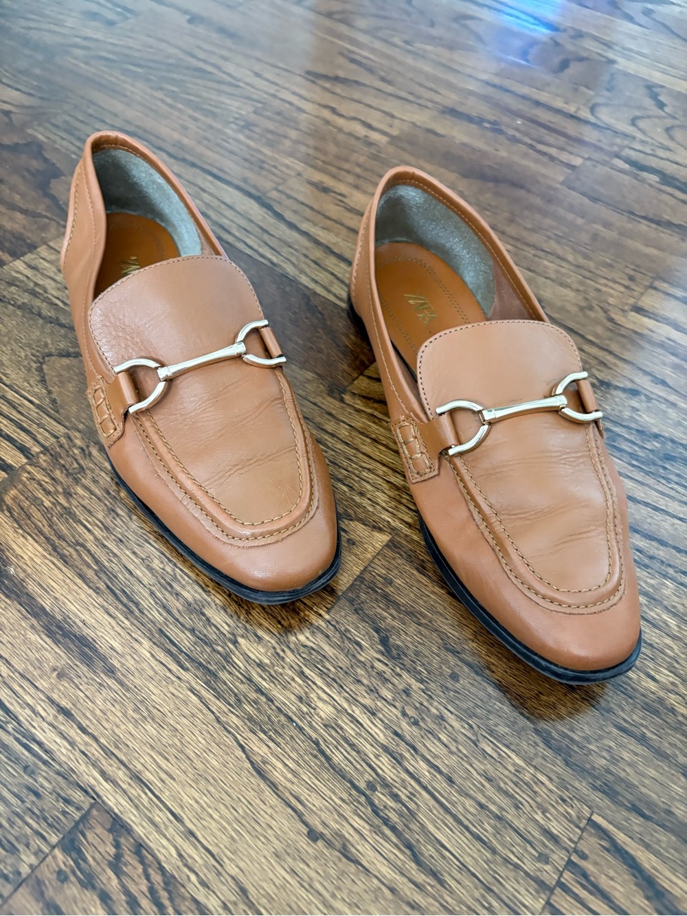 Zara Tan Leather Horsebit Loafers